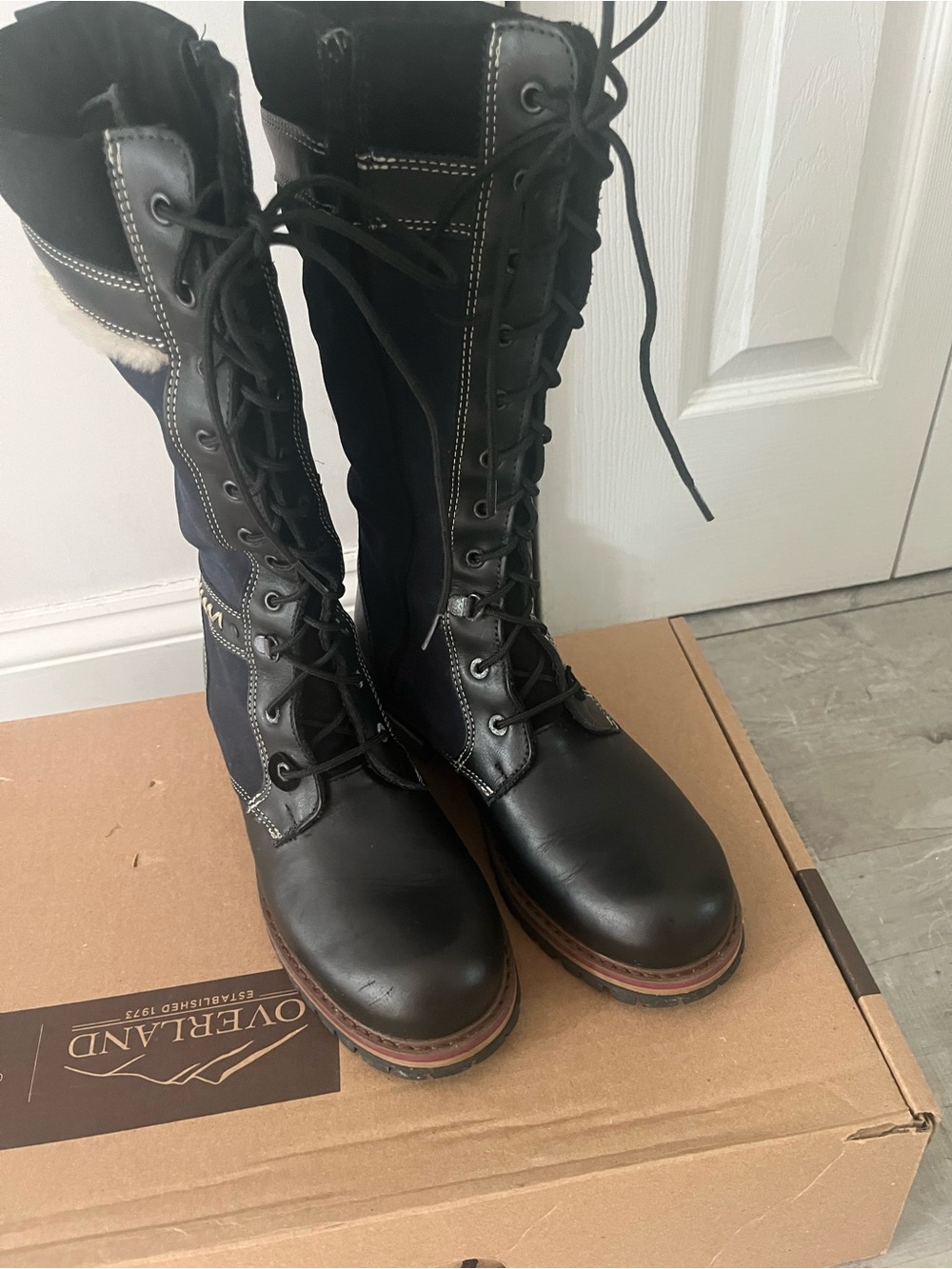 Overland ILKA Blue/Black Lace-Up Women's Knee-High Boots Sz 41 (10)